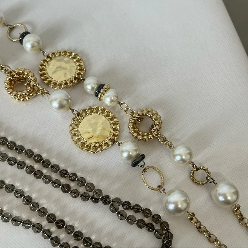Chico’s Chunky Statement Necklace Silver Pearl Gold Tone Long Strand Set of 3